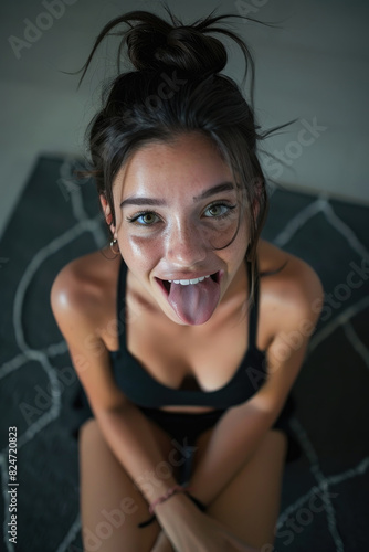 A woman sitting on a bed with her tongue out in a playful manner