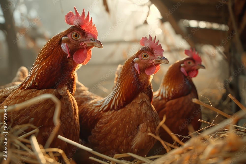 Fototapeta premium A vibrant morning scene shows chickens freely exploring a flower-dotted field near an old wooden barn.
