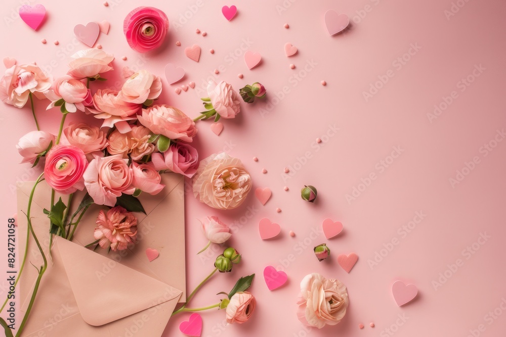 Valentine's Day - Pink Flower and Heart Composition for a Romantic Day Valentine's Day - Pink Flower and Heart Composition for a Romantic Day