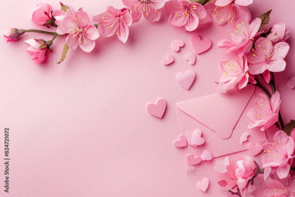 Valentine's Day. Pink Flowers and Hearts on Pastel Background with Envelope. Love Composition Valentine's Day. Pink Flowers and Hearts on Pastel Background with Envelope. Love Composition