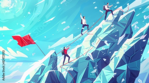 Business finance success. Overcome obstacles. Leadership. Illustration cartoon modern illustration of businessmen climbing up a mountain with ropes.