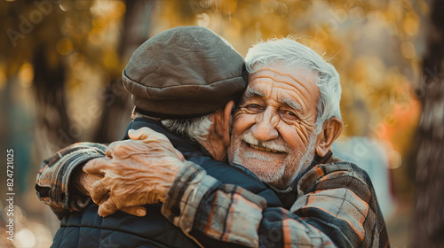 Two elderly men are hugging. Concept of strong friendship for life. Meeting of two old friends. October 1 is the International Day of Older Persons. July 30 is International Friendship Day photo