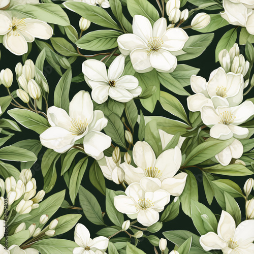 Elegant white flowers and lush green foliage arranged in a watercolor style, creating a continuous and timeless pattern perfect for vintage-inspired designs