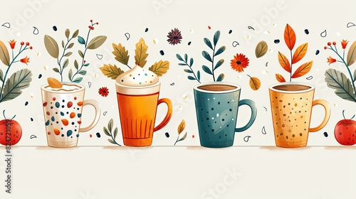 Vector hand painted cafe tasty filter specialty coffee illustration. Cute flat simple hand drawn clipart seamless pattern, wallpaper background, fabrics surface pattern design