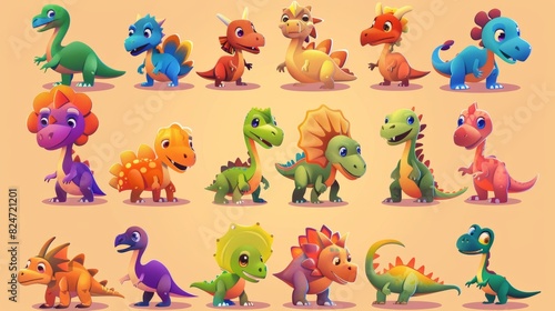 Collection of funny cartoon dinosaurs. Modern illustration.
