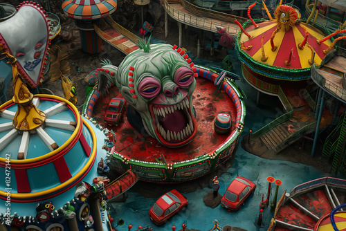 Aerial view of a scary alien monster's fun amusement park. Colorful funny scenes of smiling horrible monster aliens at the fun fair