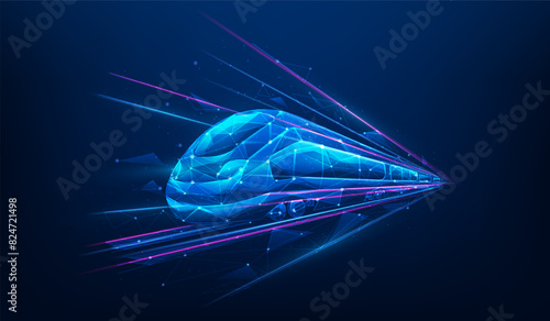 modern train high speed digital technology low poly wireframe blue background. future transport and logistics concept. vector illustration fantastic design.
