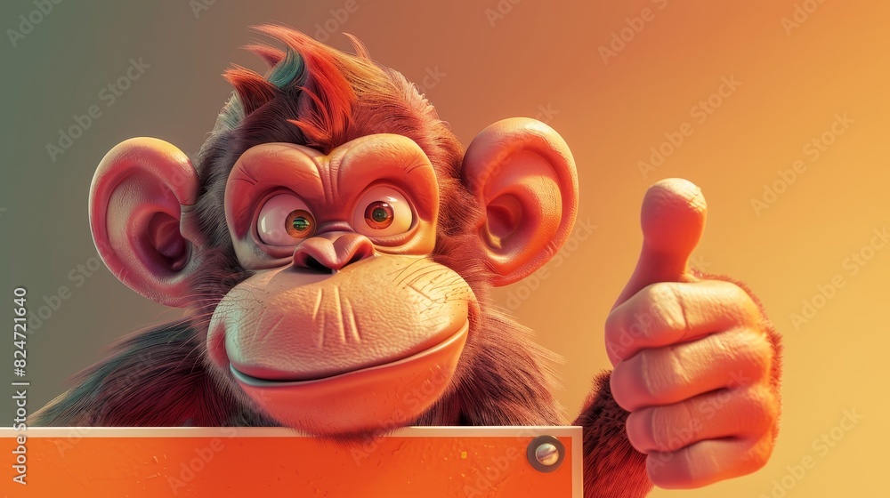 Animal cartoon character peeks over a sign and gives a thumbs up to it