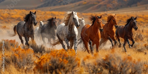 A wild herd of horses gallops freely through the dusty meadow, symbolizing the untamed spirit of nature