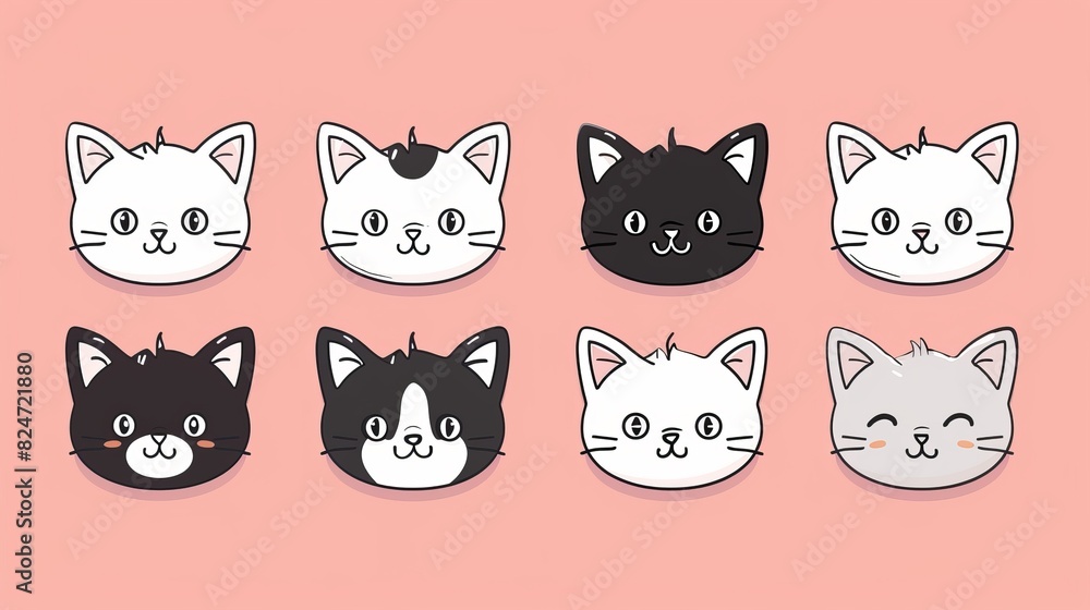 Face contour silhouette icon set of black white cats. Pink blush cheeks. Sad yet cute doodle animal. Cartoon pet. Flat design baby background. Face contour silhouette icon set of black white cats. Pink blush cheeks. Sad yet cute doodle animal. Cartoon pet. Flat design baby background.