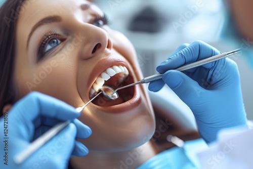 Hands of a doctor holding dental instruments near patient's mouth