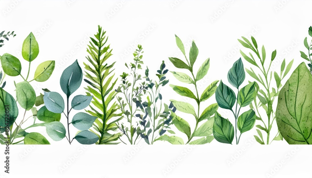 Handpainted watercolor illustration of a seamless greenery border on a white background