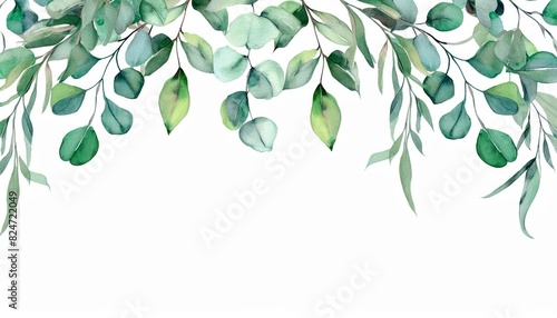 Watercolor painting of eucalyptus branches and leaves creating a natural border on white background photo
