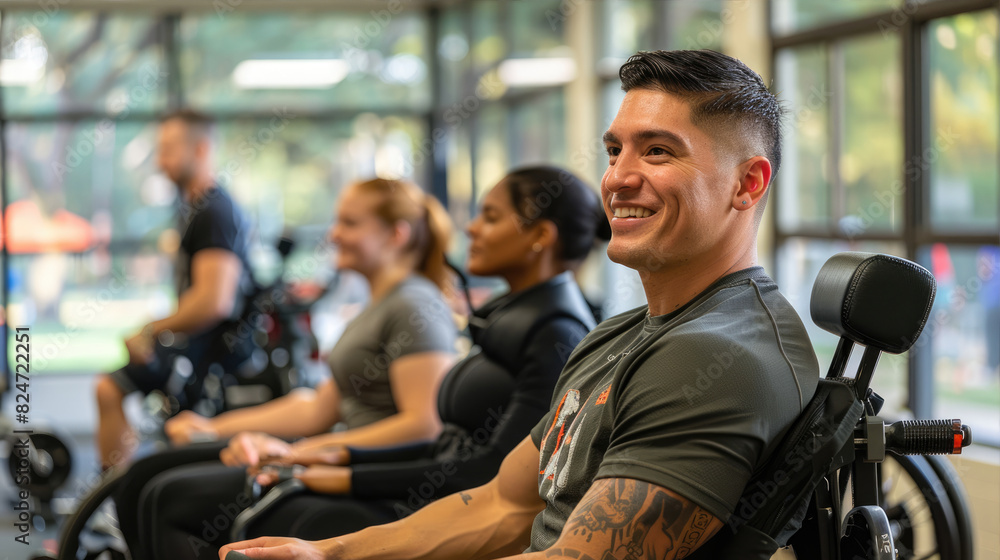 a man in a wheelchair is smiling while sitting in a gym with other people a man in a wheelchair is smiling while sitting in a gym with other people