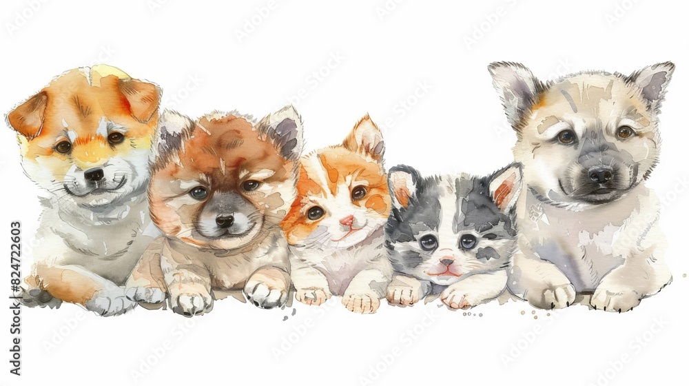 On a white background, there is a watercolor drawing of cute pets