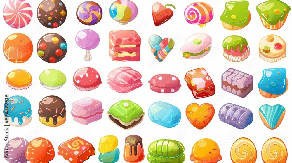 On a white background, a cartoon sweet bonbon sweetmeats candy kids food sweets mega collection stands out On a white background, a cartoon sweet bonbon sweetmeats candy kids food sweets mega collection stands out