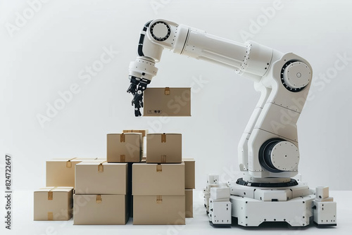 Automated Robot Carriers And Robotic Arm In Modern Distribution Warehouse
