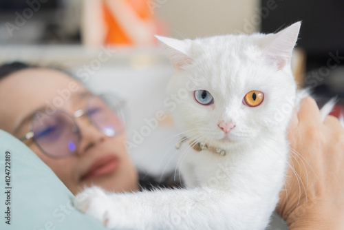 Happy smiling senior elderly woman in glasses relaxing in living room at hoem, hugging domestic tabby cat photo