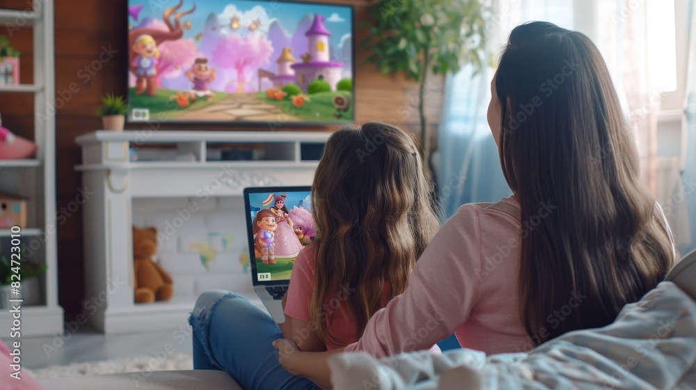 On the living room couch, a mother and daughter are watching cartoons on a laptop On the living room couch, a mother and daughter are watching cartoons on a laptop
