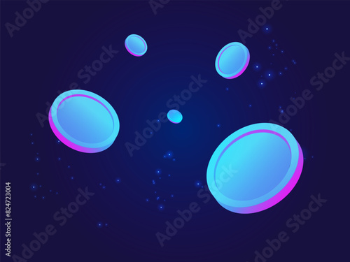 Digital Currency coins floating in the air on Digital Cyberspace Background vector design concept. A group of Abstract Cryptocurrency coins flying on dark space Background for new tech, financial, web