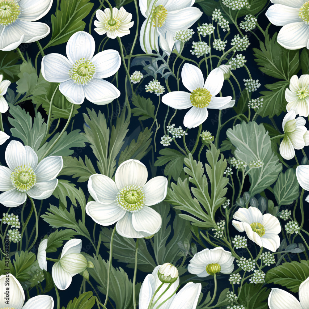 Intricately painted white wildflowers with detailed leaves, forming a seamless and sophisticated pattern in a classic watercolor technique Intricately painted white wildflowers with detailed leaves, forming a seamless and sophisticated pattern in a classic watercolor technique