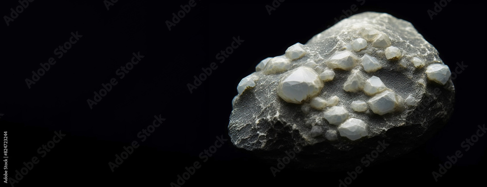 Pectolite is a rare precious natural stone on a black background. AI generated. Header banner mockup with space. Pectolite is a rare precious natural stone on a black background. AI generated. Header banner mockup with space.