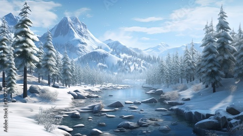 Snowy winter landscape. Snow-capped forest  frozen mountain and frozen river. Winter landscape with snow.
