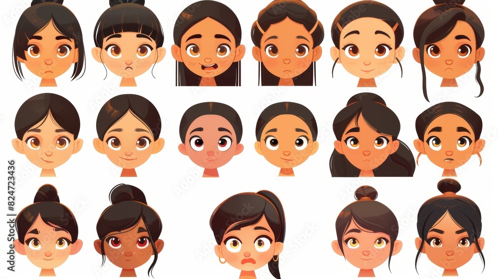 Set of Asian girl faces isolated on white background. Clipart illustration of young woman hairstyles, eyes, lips, brows, and noses. Female avatar or game character. Set of Asian girl faces isolated on white background. Clipart illustration of young woman hairstyles, eyes, lips, brows, and noses. Female avatar or game character.