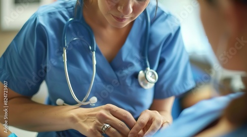 A nurse wearing blue clothes is using a stethoscope to listen and check the patient's condition
 photo