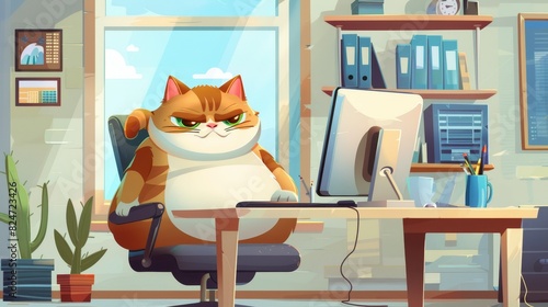 A fat cat sits at an office desk in front of a computer. Slow generative AI concept for sedentary lifestyles photo