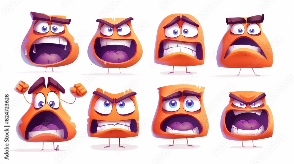 Modern illustration set of cartoon faces with facial expressions. Smiling, scared, angry, and sad emotions isolated on white. Modern illustration set of cartoon faces with facial expressions. Smiling, scared, angry, and sad emotions isolated on white.