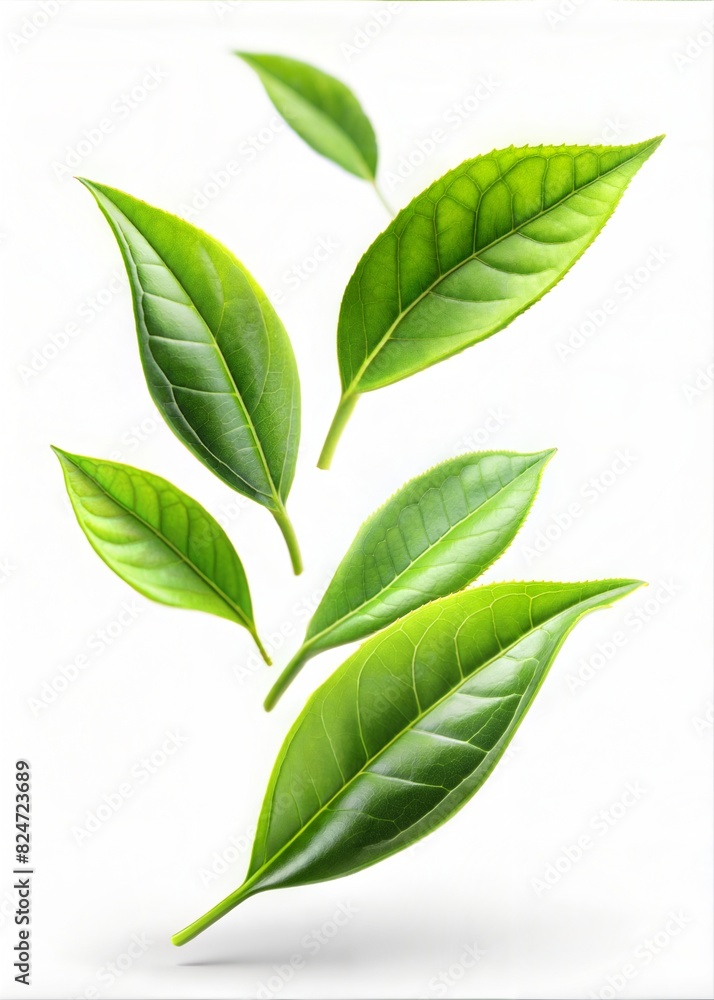 Fresh green tea leave falling on white background