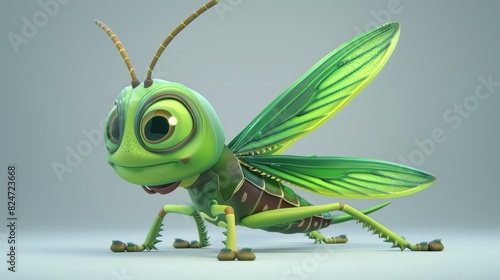 Character created by generative AI that looks like a cute cartoon grasshopper