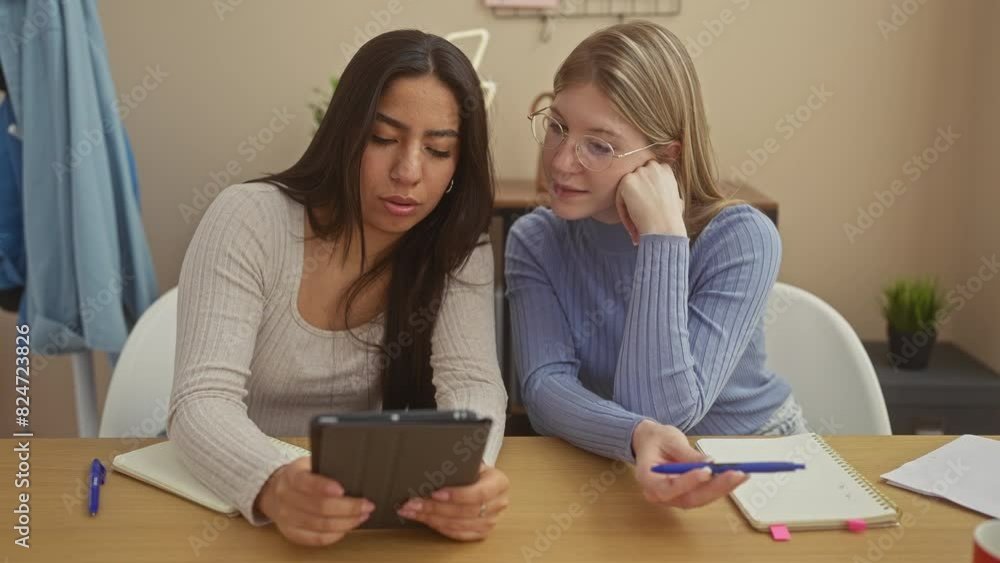 Two women smiling and using a tablet in a cozy living room setting, exuding warmth and friendship. Two women smiling and using a tablet in a cozy living room setting, exuding warmth and friendship.