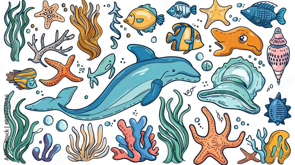 Set of hand drawn sea life objects. Modern set of doodle animations. Set of hand drawn sea life objects. Modern set of doodle animations.