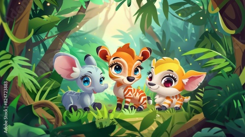 Animals with cute baby faces. Elephants, deer, and zebras. Generating AI