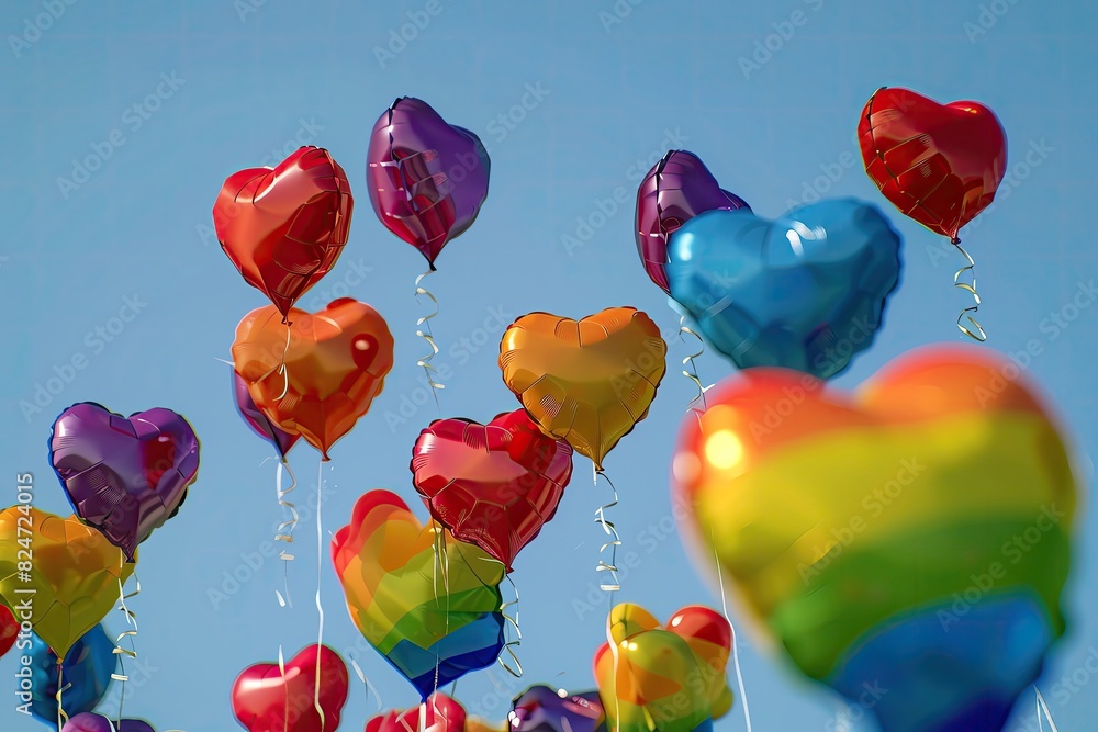 Heart shaped balloons in rainbow colors floating in a clear sky, forming a cheerful and celebratory background