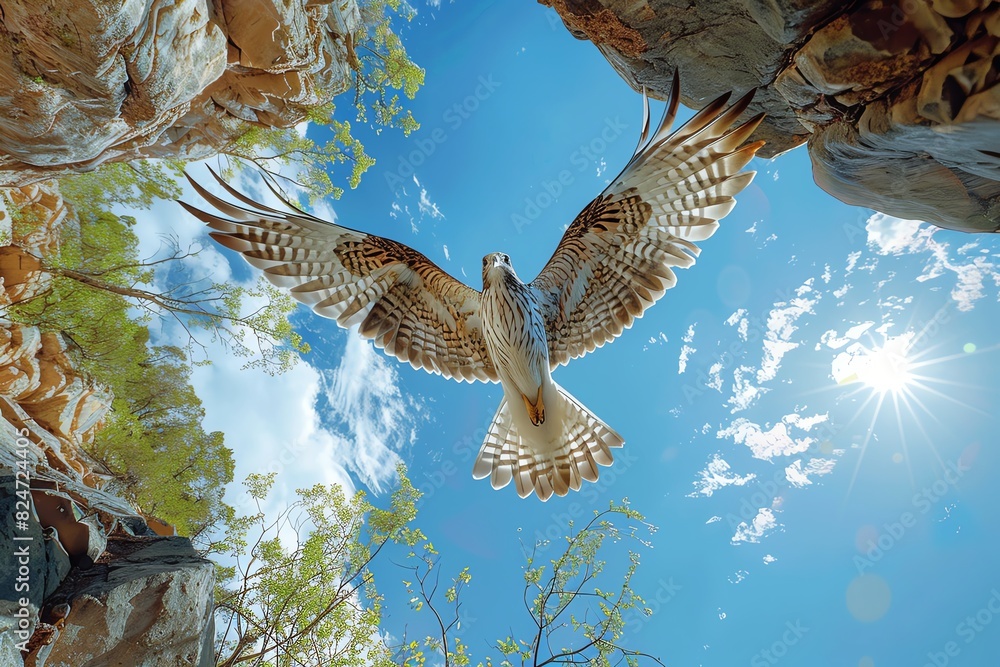 Fototapeta premium Craft a photorealistic depiction of a bird soaring overhead against a clear blue sky as seen from a worms-eye view at a scenic lookout point Emphasize the dynamic motion and perspe