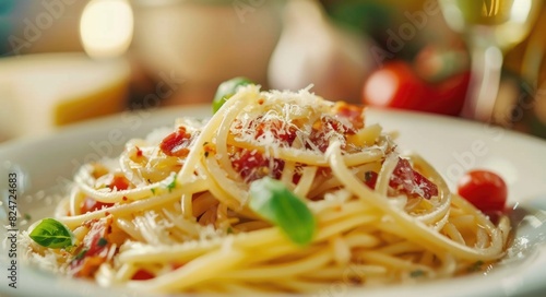 Italian Pasta Dish: Spaghetti alla Amatriciana with Pancetta Bacon, Tomatoes, and Pecorino Cheese