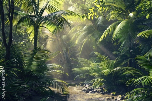 Tropical Rain Forest. Morning Light Shining Through Lush Greenery of Jungle Garden