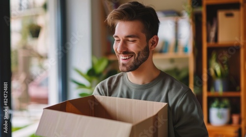 Happy People Box - Smiling Man Opening Parcel at Home for Mail Delivery photo