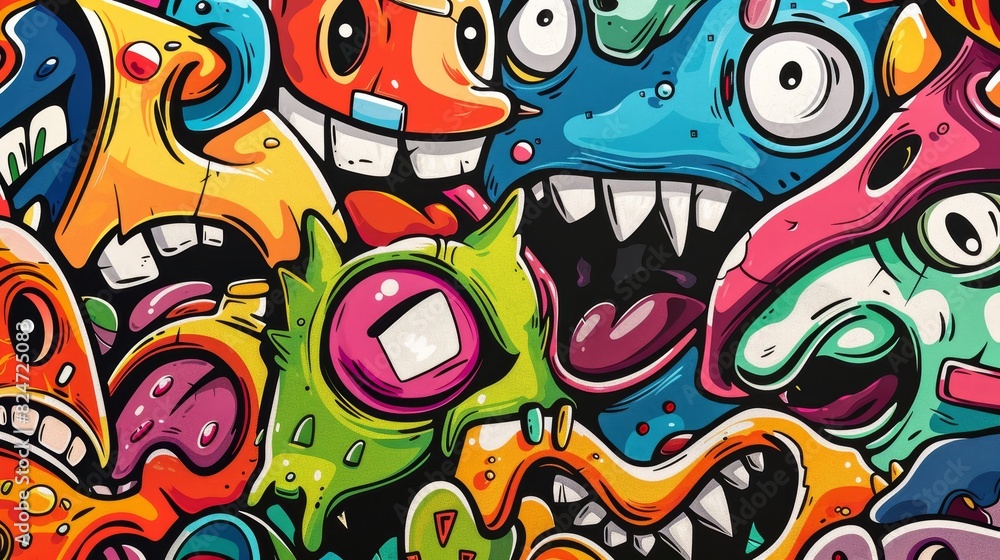 Cartoon graffiti design on wall, funny face and aliens, generative AI Cartoon graffiti design on wall, funny face and aliens, generative AI