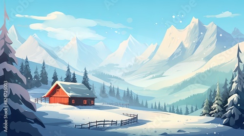 Winter landscape with a house. Mountain view and snowy forest.