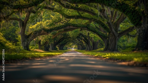 A peaceful tree-lined road with overhanging branches creating a natural tunnel  bathed in sunlight.