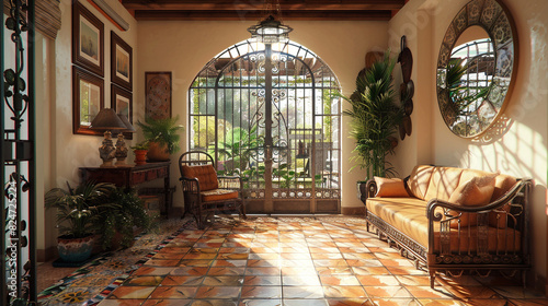 A Mediterranean living room with terracotta tiles  a mosaic mirror  and wrought iron window grilles. 