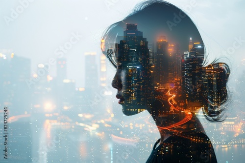 Double exposure photo effect. Profile portrait of an asian girl and a night city.