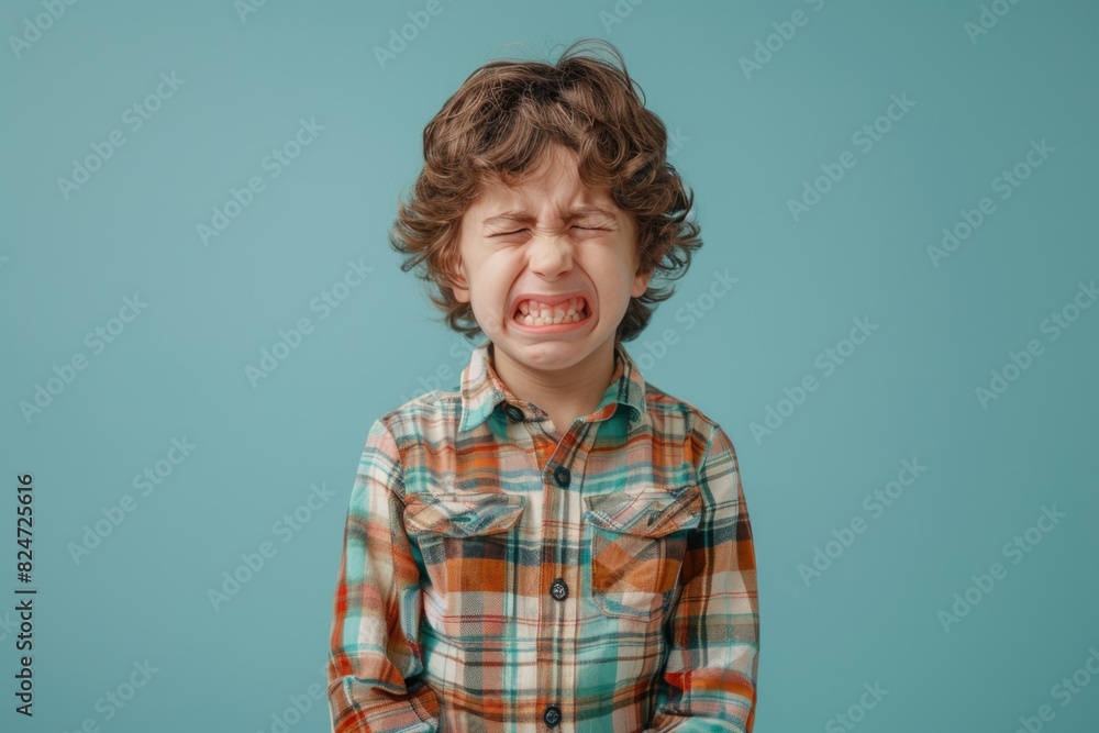 The little boy wearing a checkered shirt cried and laughed The little boy wearing a checkered shirt cried and laughed