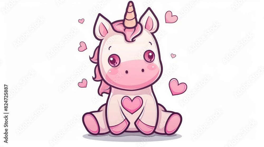 An illustration of a cute unicorn with hearts sitting on a white background. An illustration of a cute unicorn with hearts sitting on a white background.