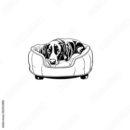 A cartoon german shorthaired pointer in a dog bed coloring page generative ai