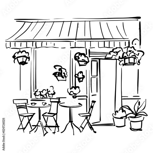 Street cafe in old town vector illustration without people. French Street Cafe doodle sketch 